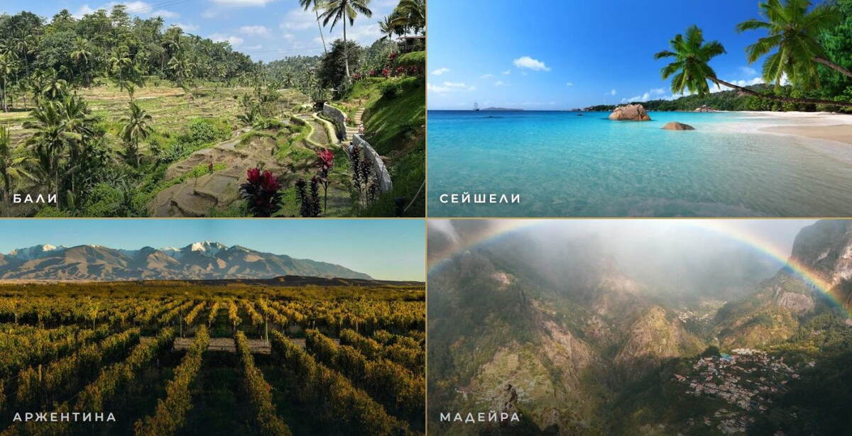 A collage of four warm winter destinations — Bali, the Seychelles, Argentina and Madeira