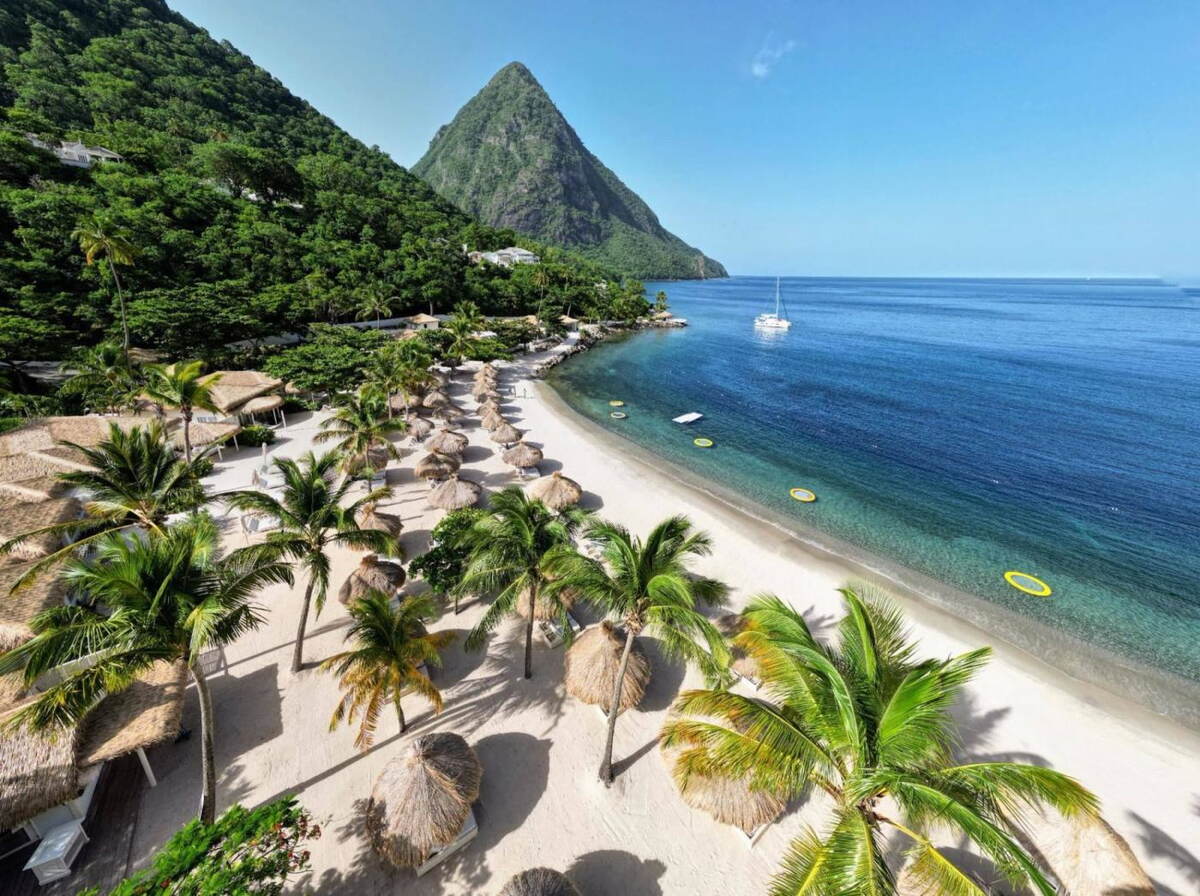 The beach between the two Pitons of Saint Lucia with a calm sea during the dry season