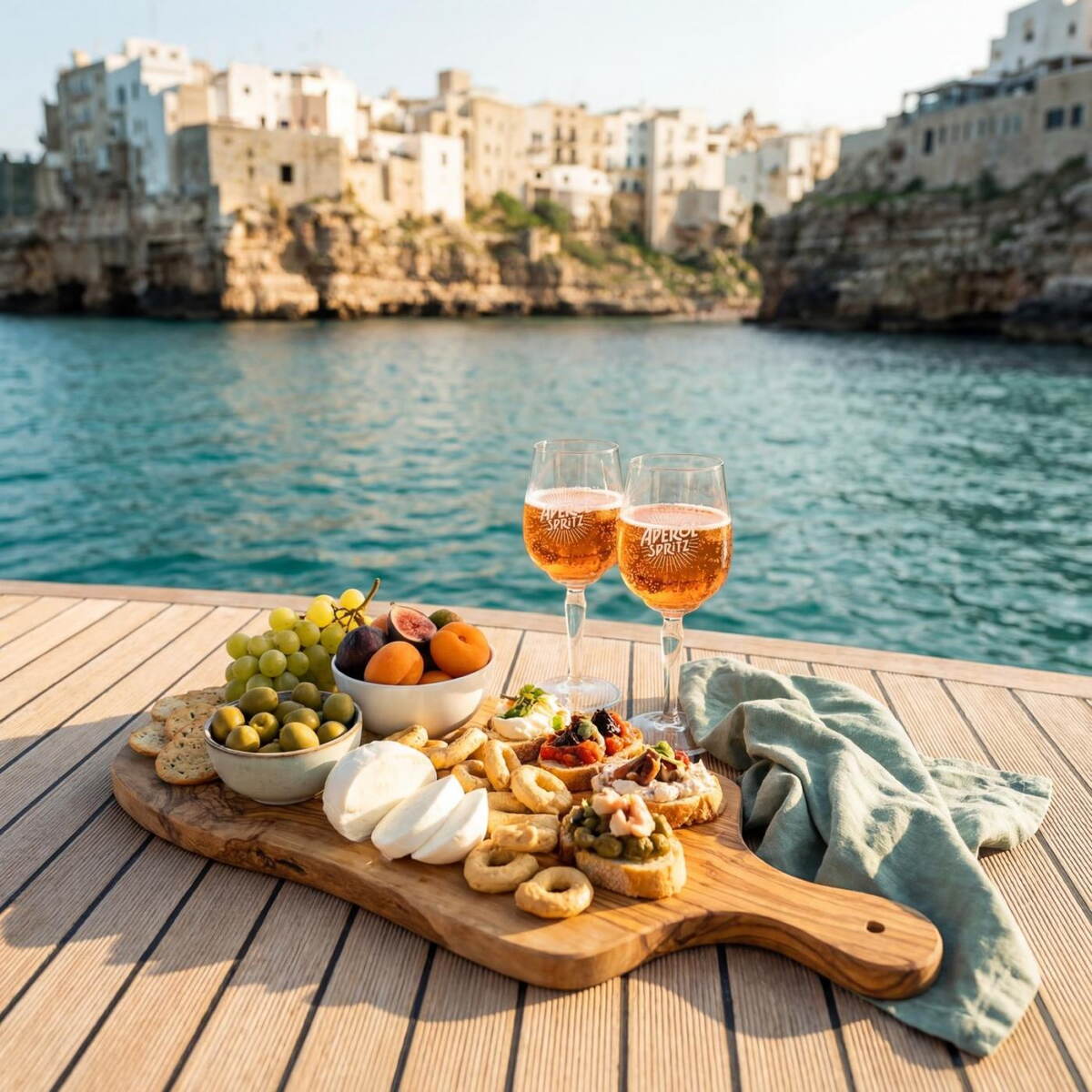 Аперитив с изглед към Полиняно а Маре — бутиково пътуване с A&A Luxury Travels